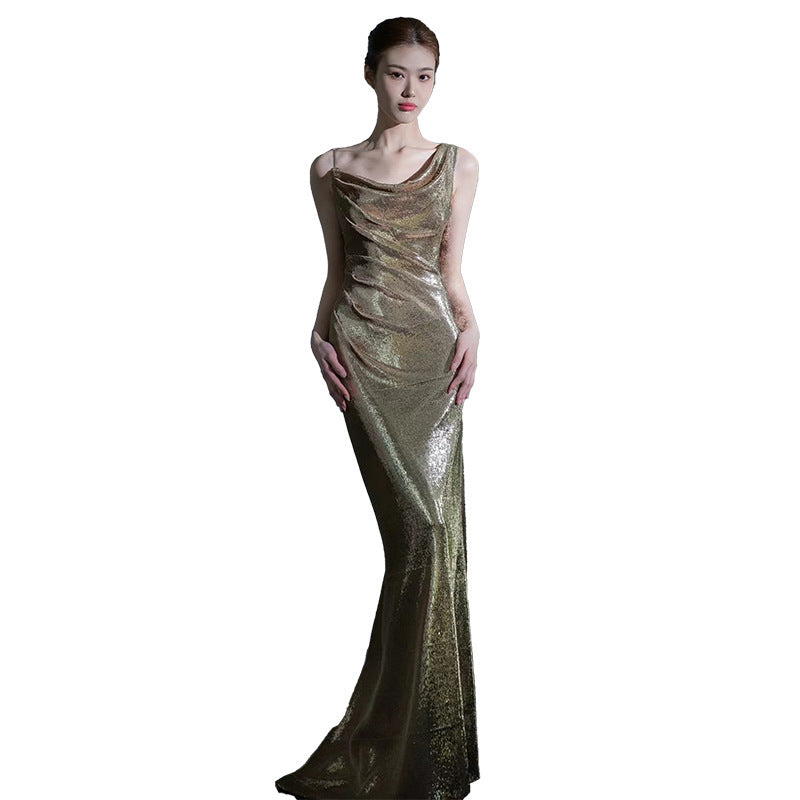 Elegant Sequined Fishtail Dress with Sexy Backless Design