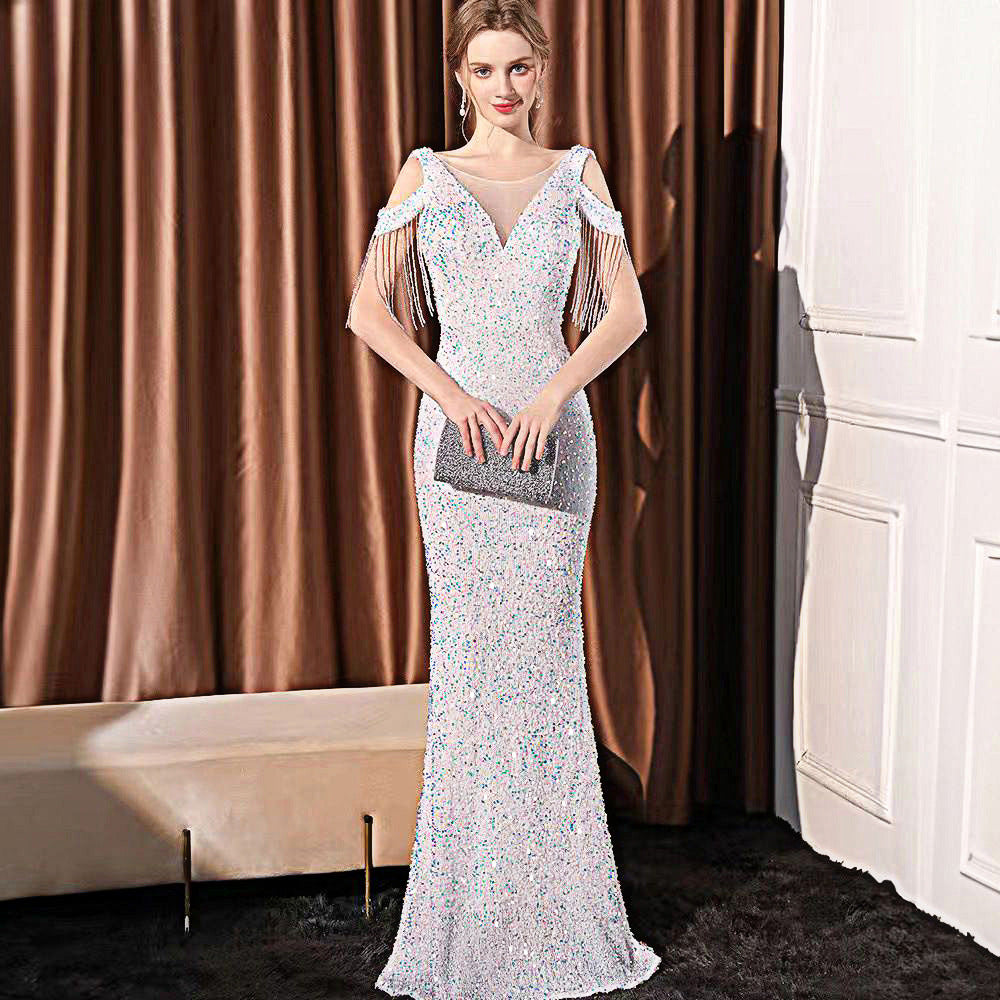 Long Slimming Sequin Dress with Chic Fishtail Design