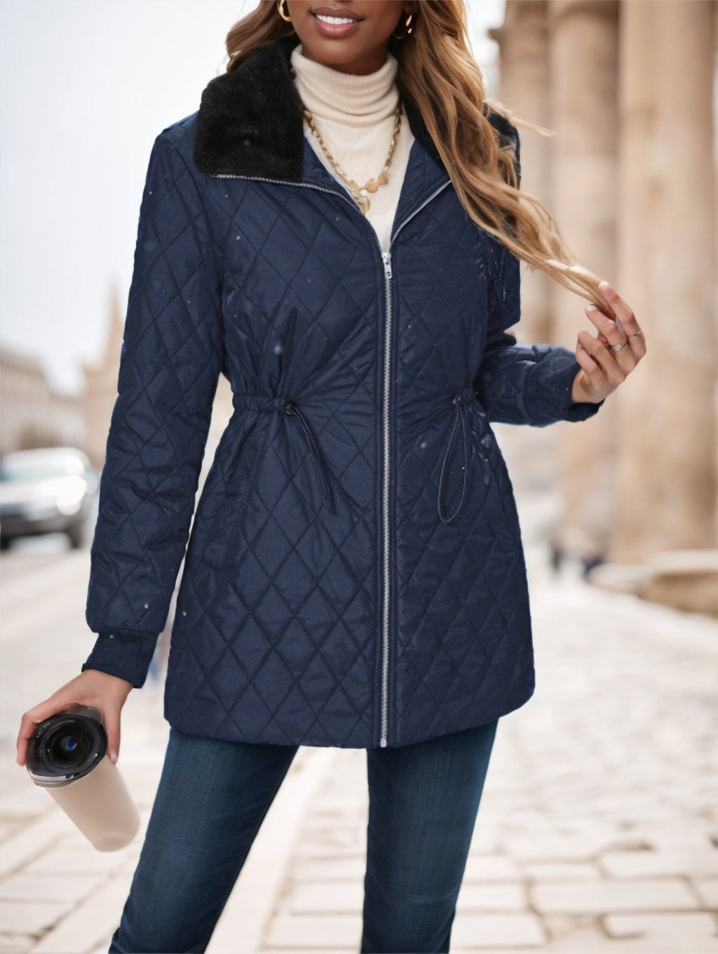 Warm & Trendy – Drawstring Waist Contrast Winter Coat