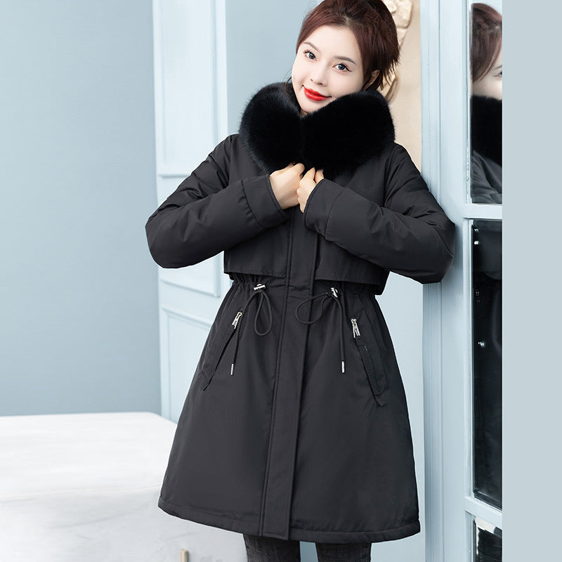 Cozy Elegance – Fleece-Lined Mid-Length Cinched Cotton Coat