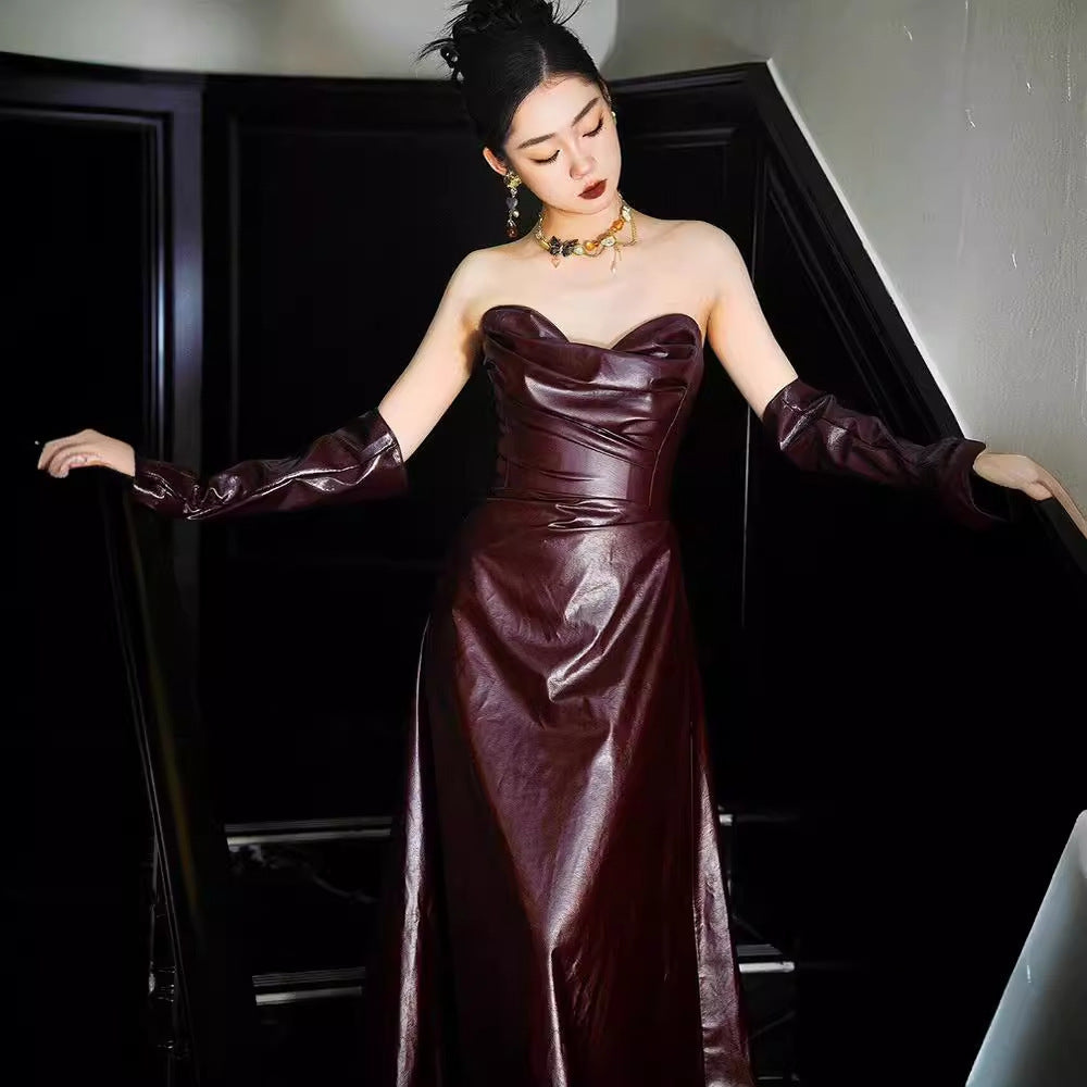 Sexy Off-Shoulder Gown with Sleek Leather Skirt