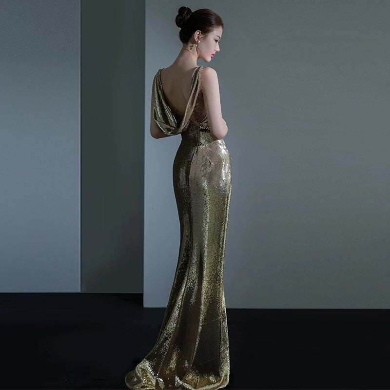 Elegant Sequined Fishtail Dress with Sexy Backless Design