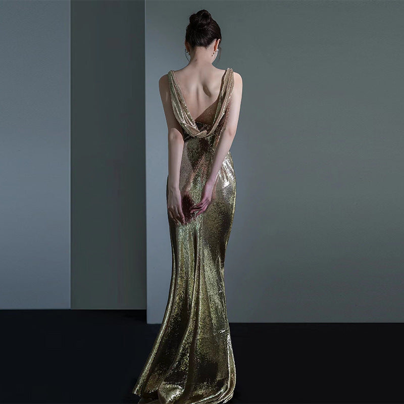 Elegant Sequined Fishtail Dress with Sexy Backless Design