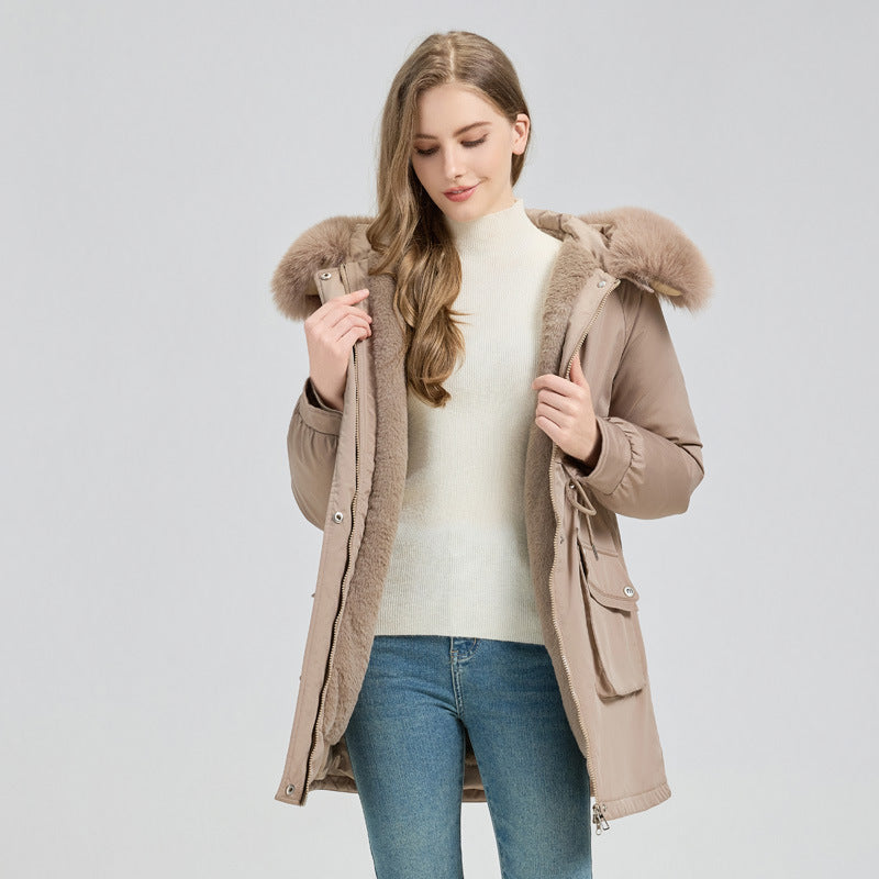 Elegant Comfort – Mid-Length Fur-Lined Hooded Winter Jacket