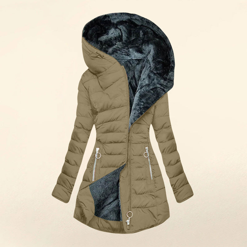 Elegant Warmth – Women’s Quilted Cotton-Padded Zipper Coat