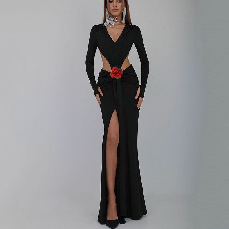 Sexy V-Neck Backless Fishtail Gown with Flower Detail