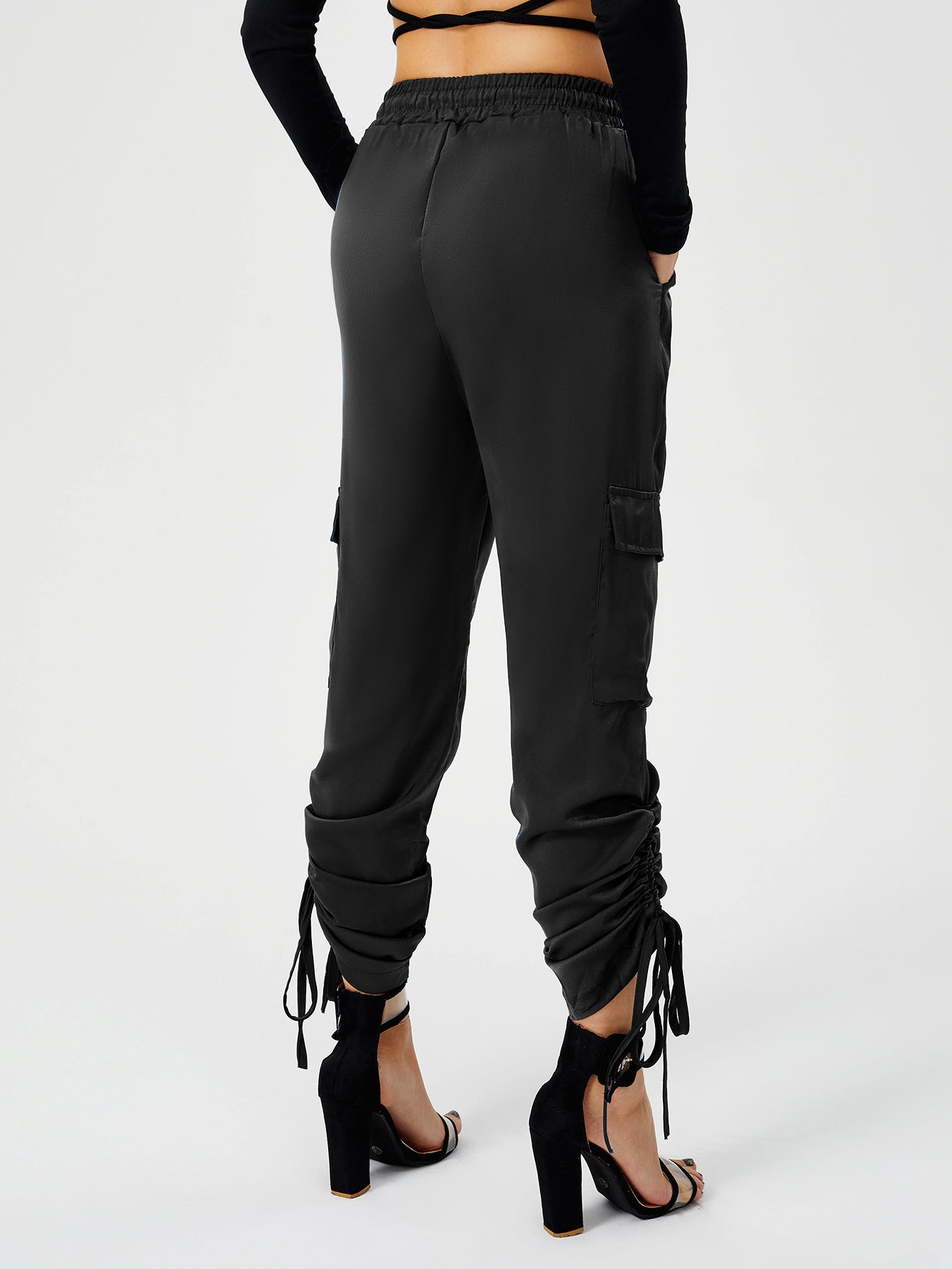 ខោ Satin Jogger Pants របស់ស្ត្រី ខោខោវែង ចង្កេះខ្ពស់ ធម្មតា ជាមួយនឹងហោប៉ៅ
