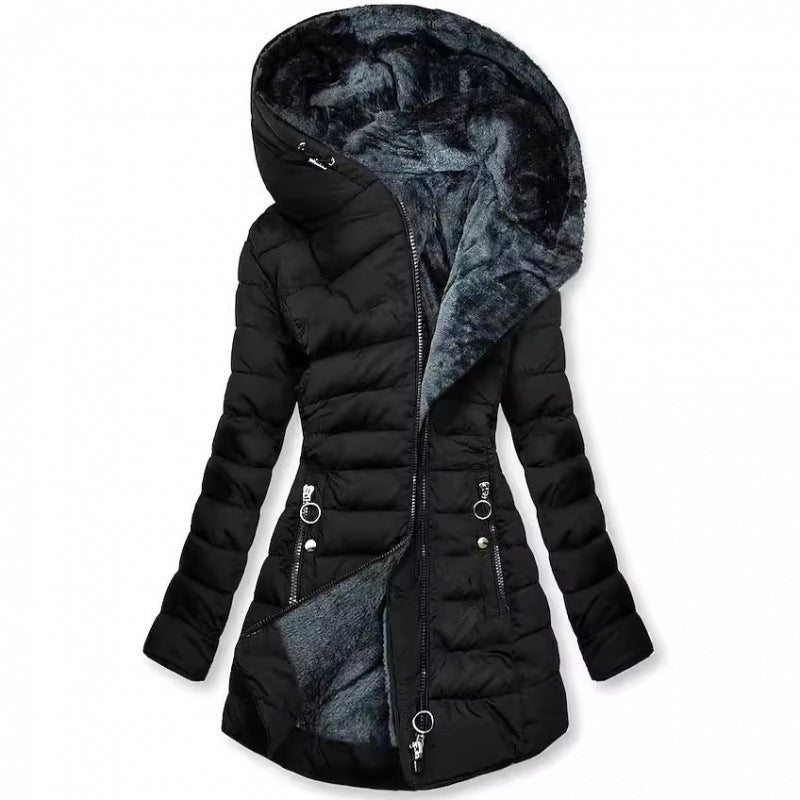 Elegant Warmth – Women’s Quilted Cotton-Padded Zipper Coat