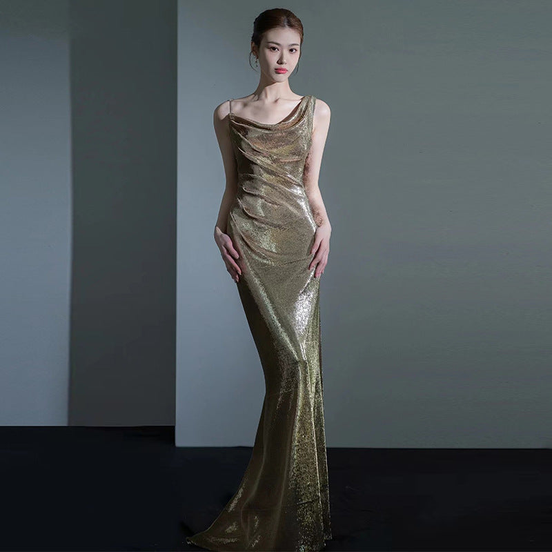 Elegant Sequined Fishtail Dress with Sexy Backless Design