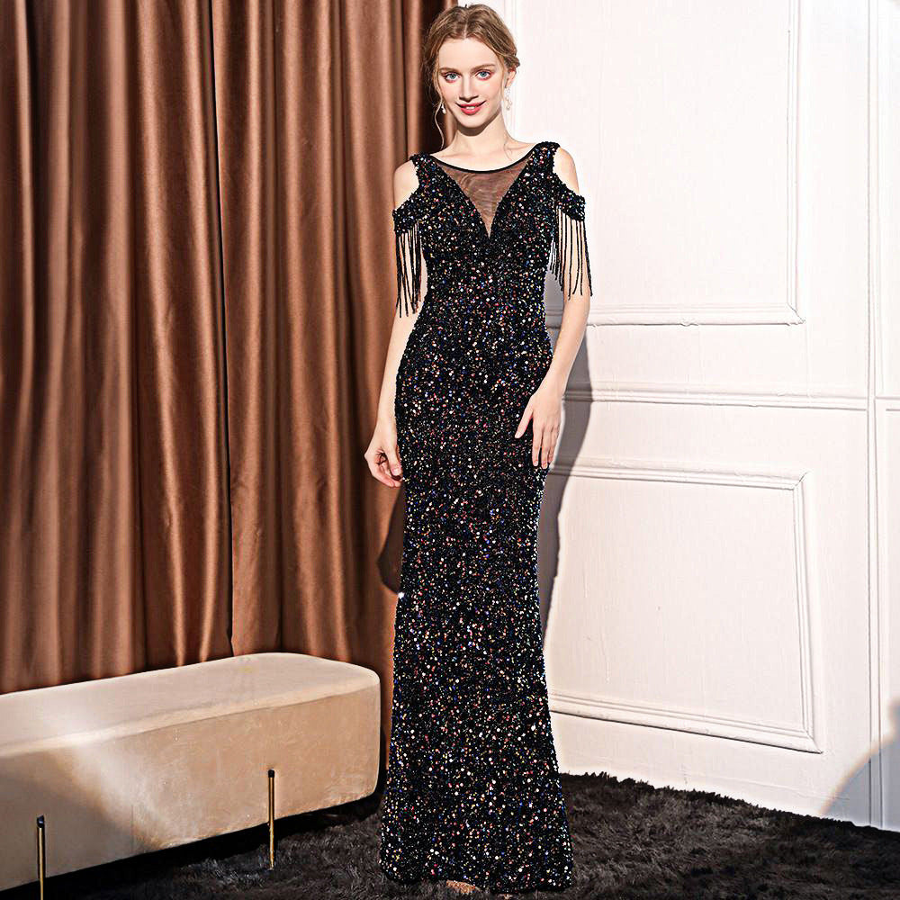 Long Slimming Sequin Dress with Chic Fishtail Design