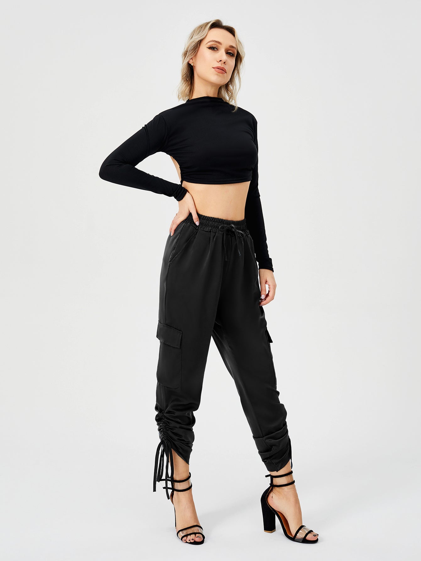 ខោ Satin Jogger Pants របស់ស្ត្រី ខោខោវែង ចង្កេះខ្ពស់ ធម្មតា ជាមួយនឹងហោប៉ៅ