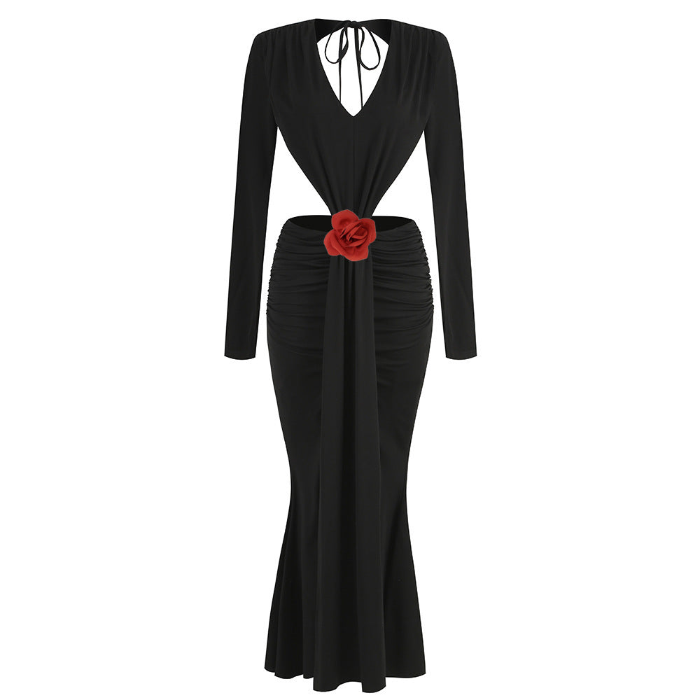 Sexy V-Neck Backless Fishtail Gown with Flower Detail
