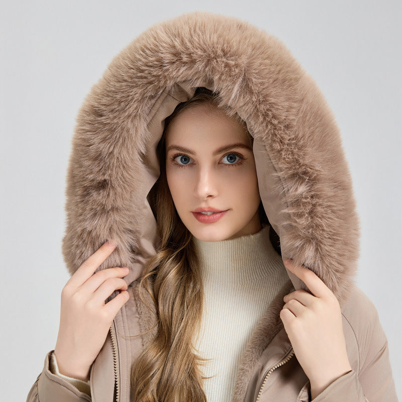 Elegant Comfort – Mid-Length Fur-Lined Hooded Winter Jacket