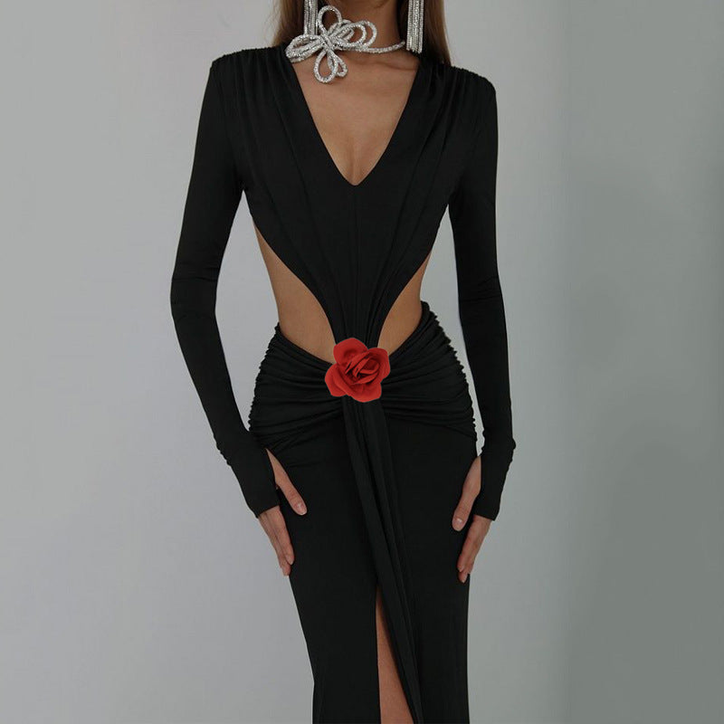Sexy V-Neck Backless Fishtail Gown with Flower Detail