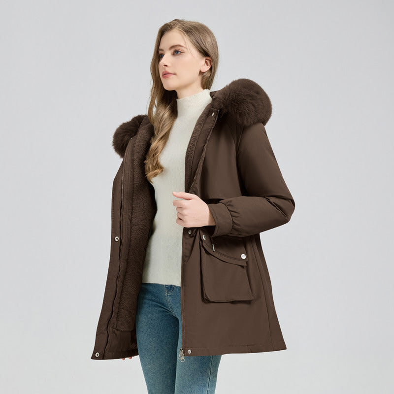 Elegant Comfort – Mid-Length Fur-Lined Hooded Winter Jacket