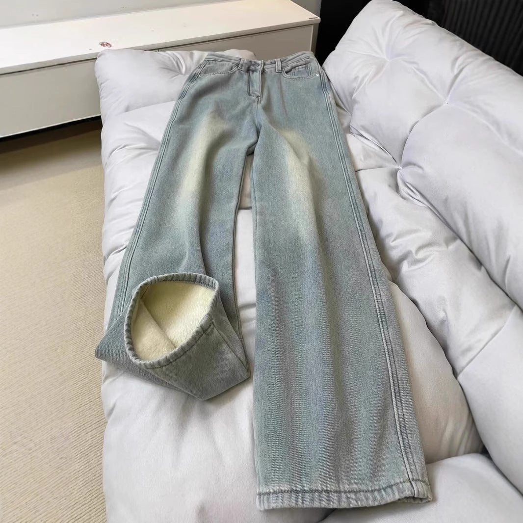 Cozy Fleece-Lined Straight Jeans – Stay Warm in Style