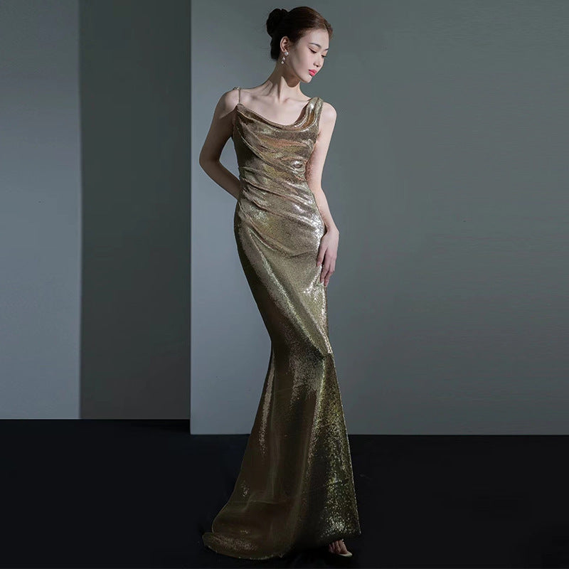រ៉ូប Fishtail Sequined Sequined ដ៏ប្រណិត ជាមួយនឹងការរចនាម៉ូដខាងក្រោយដ៏ស៊ិចស៊ី