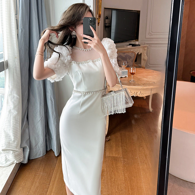 Sophisticated Long White Dress with Sparkling Beads