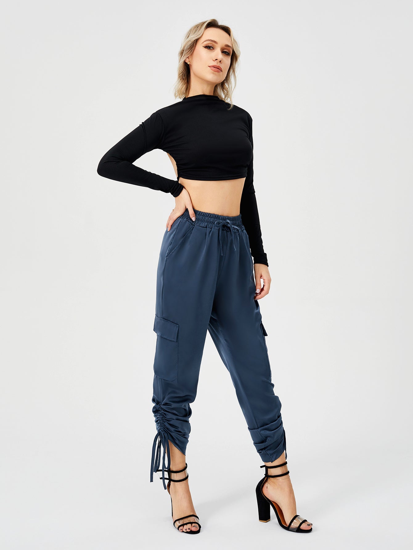 ខោ Satin Jogger Pants របស់ស្ត្រី ខោខោវែង ចង្កេះខ្ពស់ ធម្មតា ជាមួយនឹងហោប៉ៅ