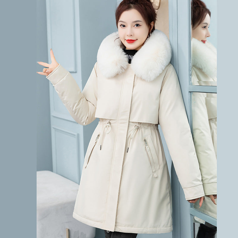 Cozy Elegance – Fleece-Lined Mid-Length Cinched Cotton Coat