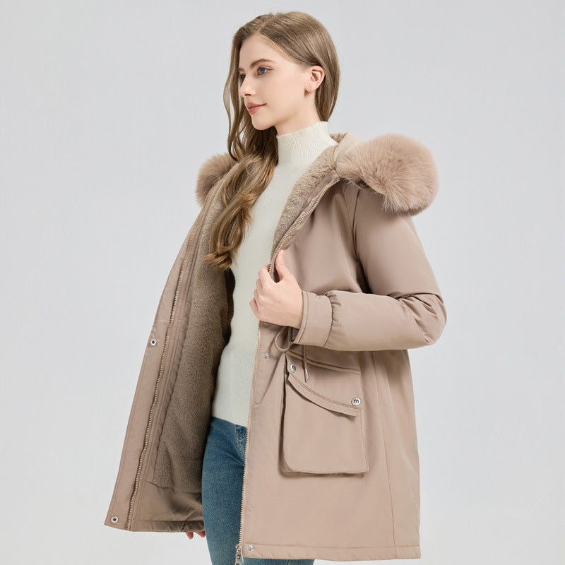 Elegant Comfort – Mid-Length Fur-Lined Hooded Winter Jacket