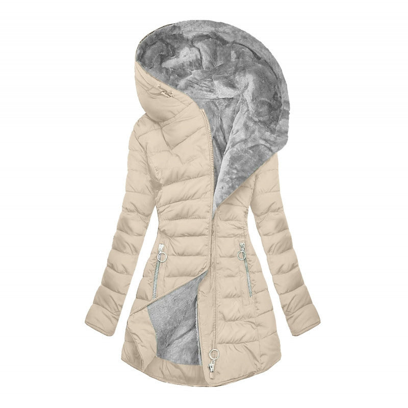 Elegant Warmth – Women’s Quilted Cotton-Padded Zipper Coat