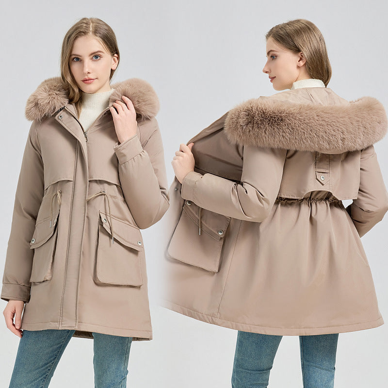 Elegant Comfort – Mid-Length Fur-Lined Hooded Winter Jacket