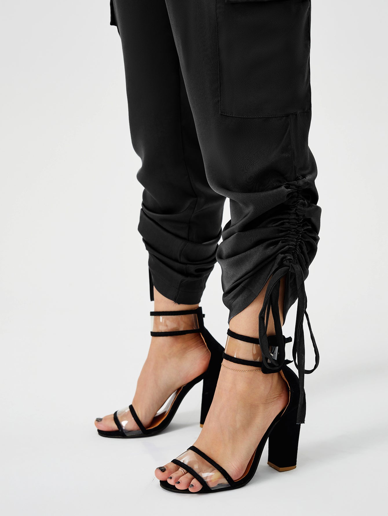 ខោ Satin Jogger Pants របស់ស្ត្រី ខោខោវែង ចង្កេះខ្ពស់ ធម្មតា ជាមួយនឹងហោប៉ៅ