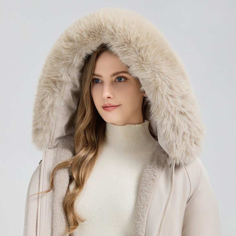 Elegant Comfort – Mid-Length Fur-Lined Hooded Winter Jacket