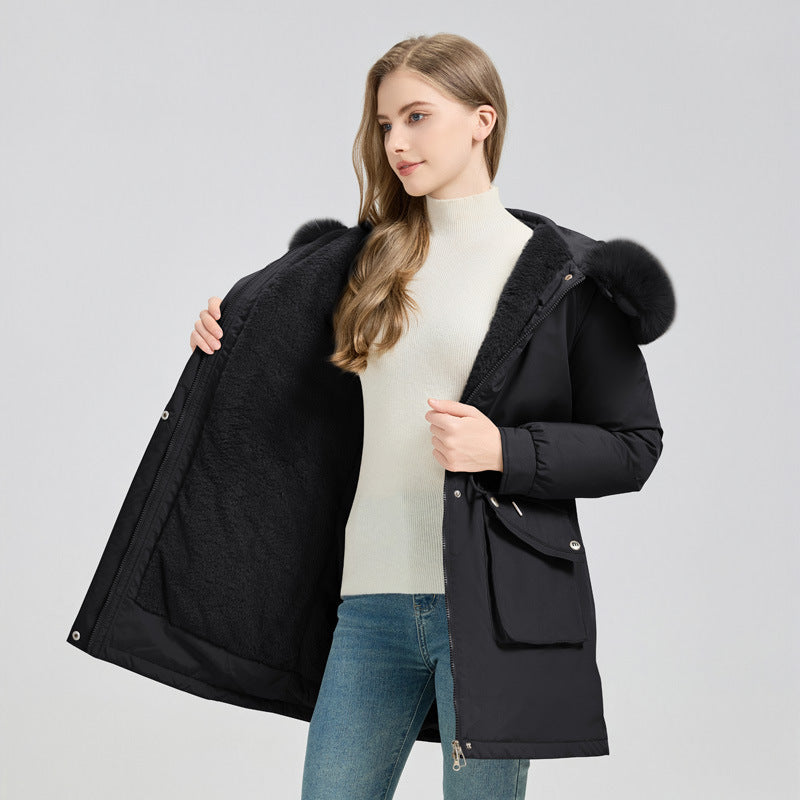 Elegant Comfort – Mid-Length Fur-Lined Hooded Winter Jacket