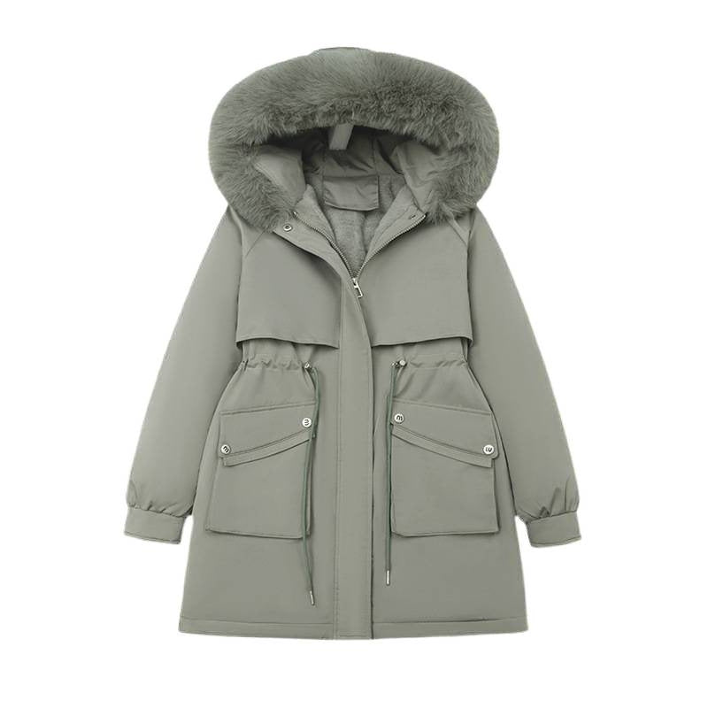 Elegant Comfort – Mid-Length Fur-Lined Hooded Winter Jacket