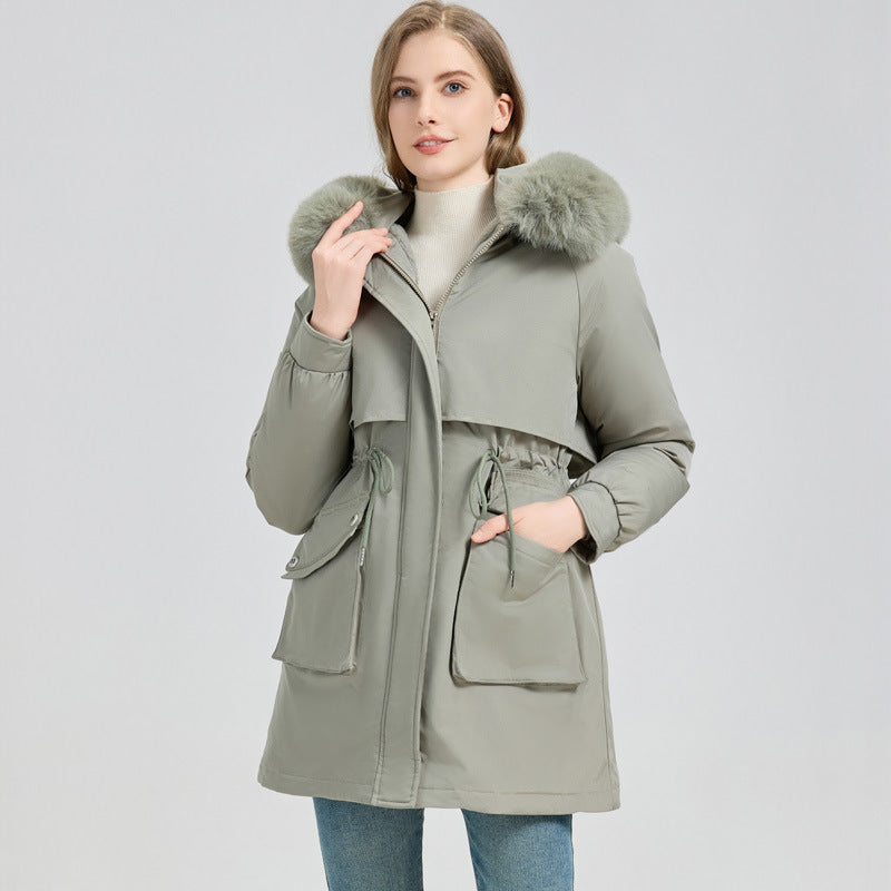 Elegant Comfort – Mid-Length Fur-Lined Hooded Winter Jacket