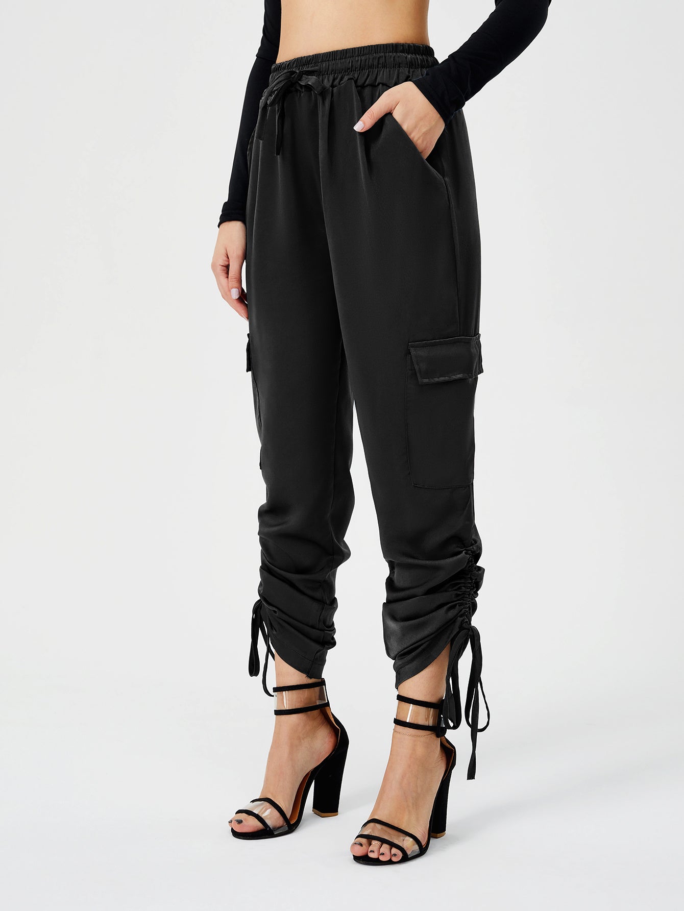 ខោ Satin Jogger Pants របស់ស្ត្រី ខោខោវែង ចង្កេះខ្ពស់ ធម្មតា ជាមួយនឹងហោប៉ៅ