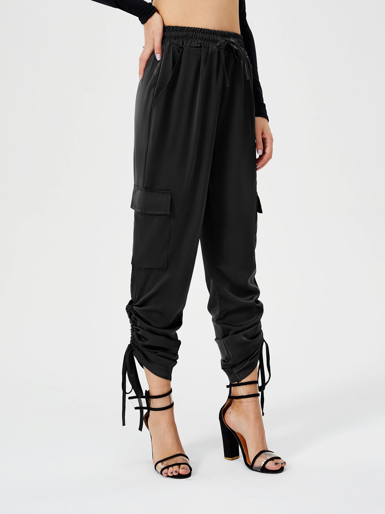 ខោ Satin Jogger Pants របស់ស្ត្រី ខោខោវែង ចង្កេះខ្ពស់ ធម្មតា ជាមួយនឹងហោប៉ៅ