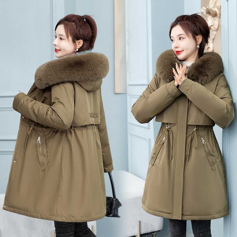 Cozy Elegance – Fleece-Lined Mid-Length Cinched Cotton Coat