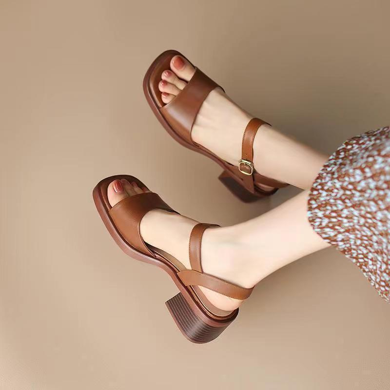 Soft Leather French Sandals – Elegant Square Toe Comfort