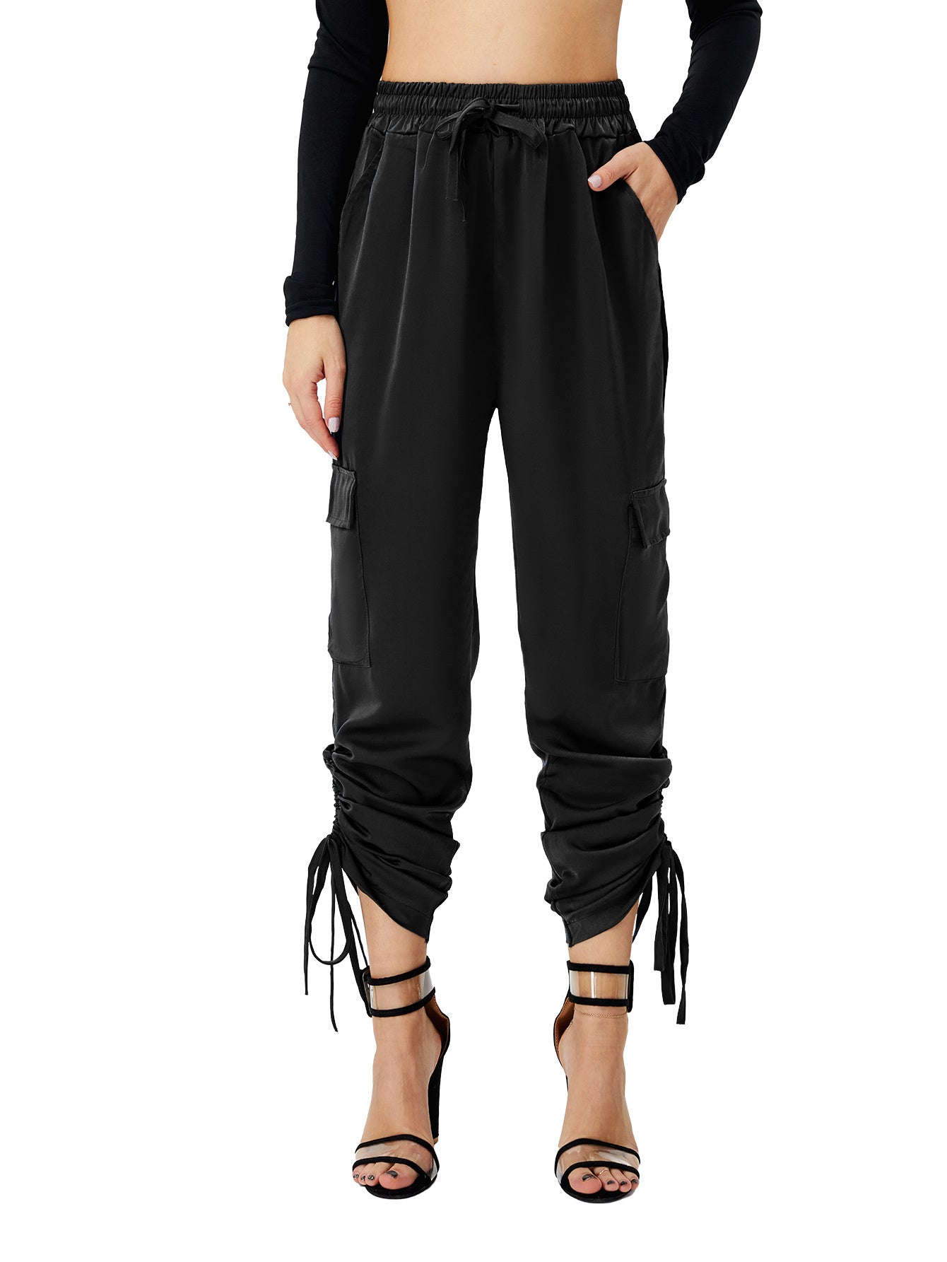 ខោ Satin Jogger Pants របស់ស្ត្រី ខោខោវែង ចង្កេះខ្ពស់ ធម្មតា ជាមួយនឹងហោប៉ៅ