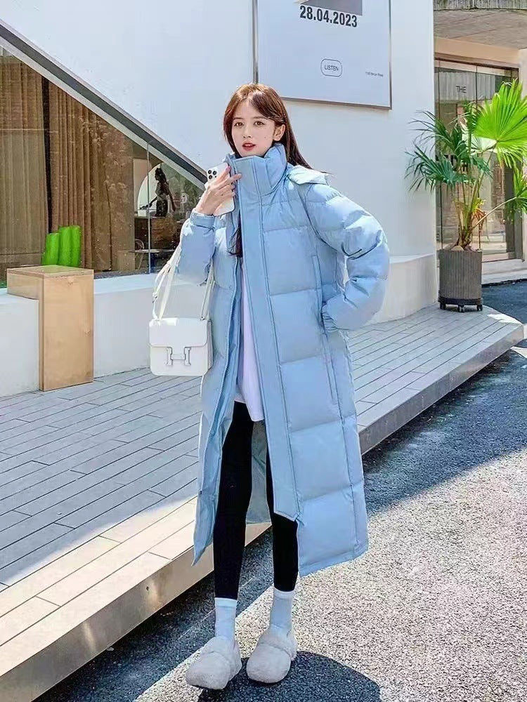 เสื้อโค้ทขนเป็ดสีขาวหนาแบบยาวเหนือเข่าสำหรับผู้ชายและผู้หญิง