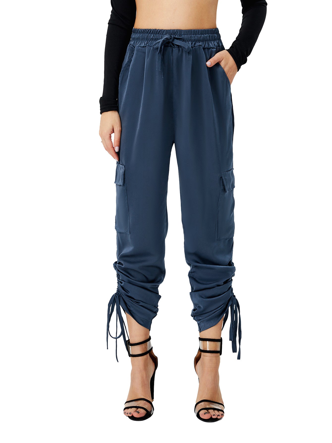 ខោ Satin Jogger Pants របស់ស្ត្រី ខោខោវែង ចង្កេះខ្ពស់ ធម្មតា ជាមួយនឹងហោប៉ៅ