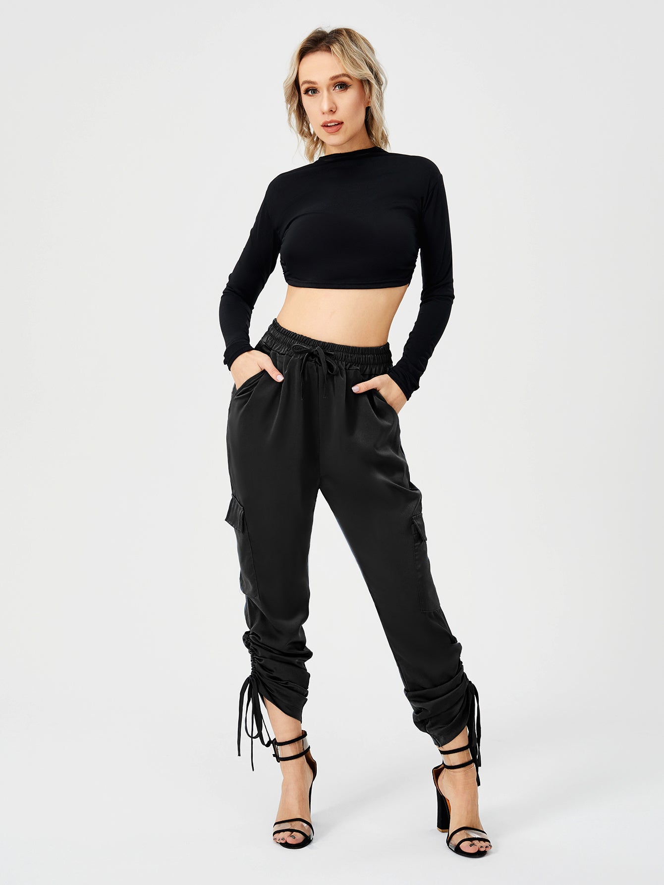 ខោ Satin Jogger Pants របស់ស្ត្រី ខោខោវែង ចង្កេះខ្ពស់ ធម្មតា ជាមួយនឹងហោប៉ៅ