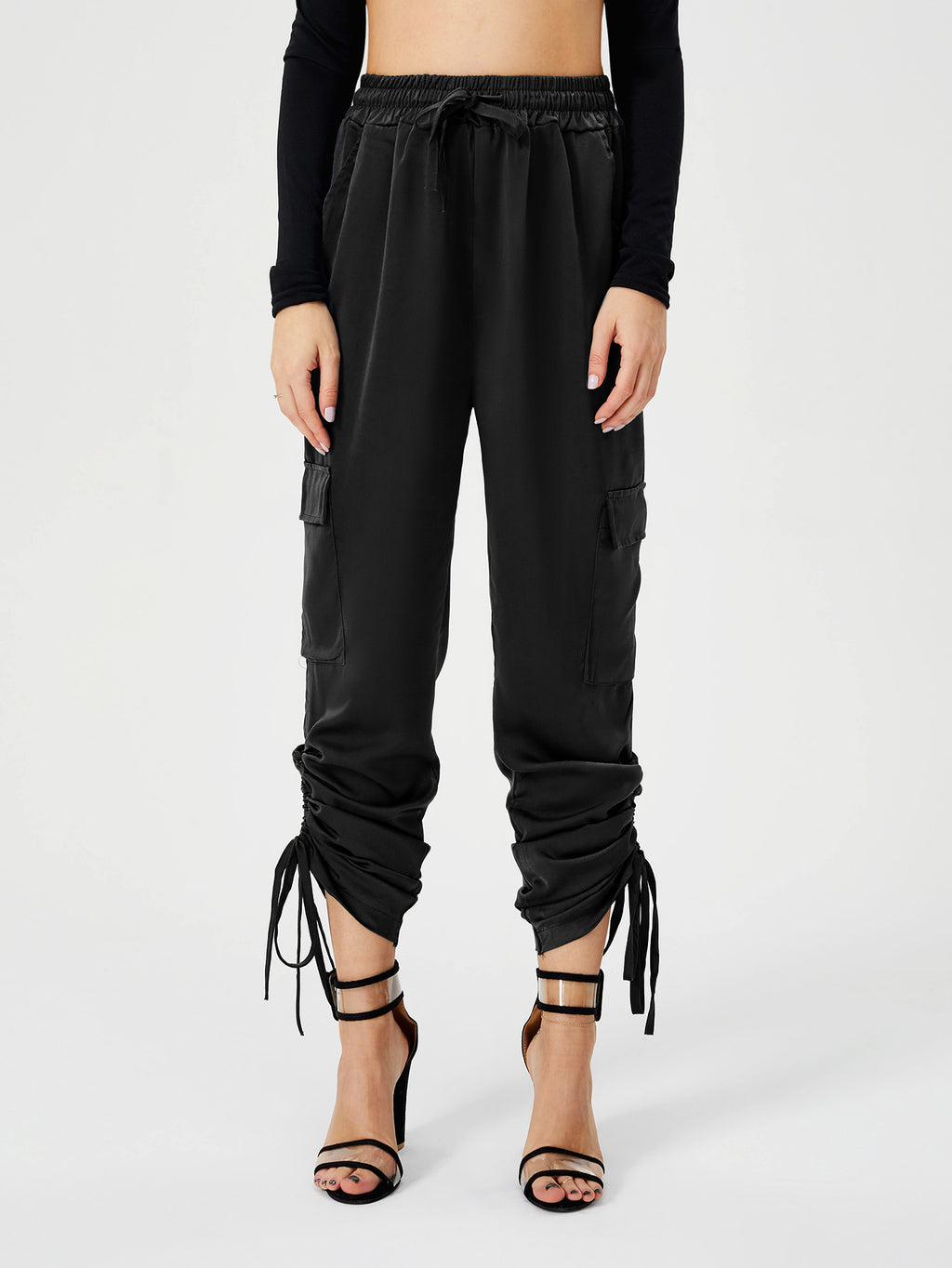 ខោ Satin Jogger Pants របស់ស្ត្រី ខោខោវែង ចង្កេះខ្ពស់ ធម្មតា ជាមួយនឹងហោប៉ៅ