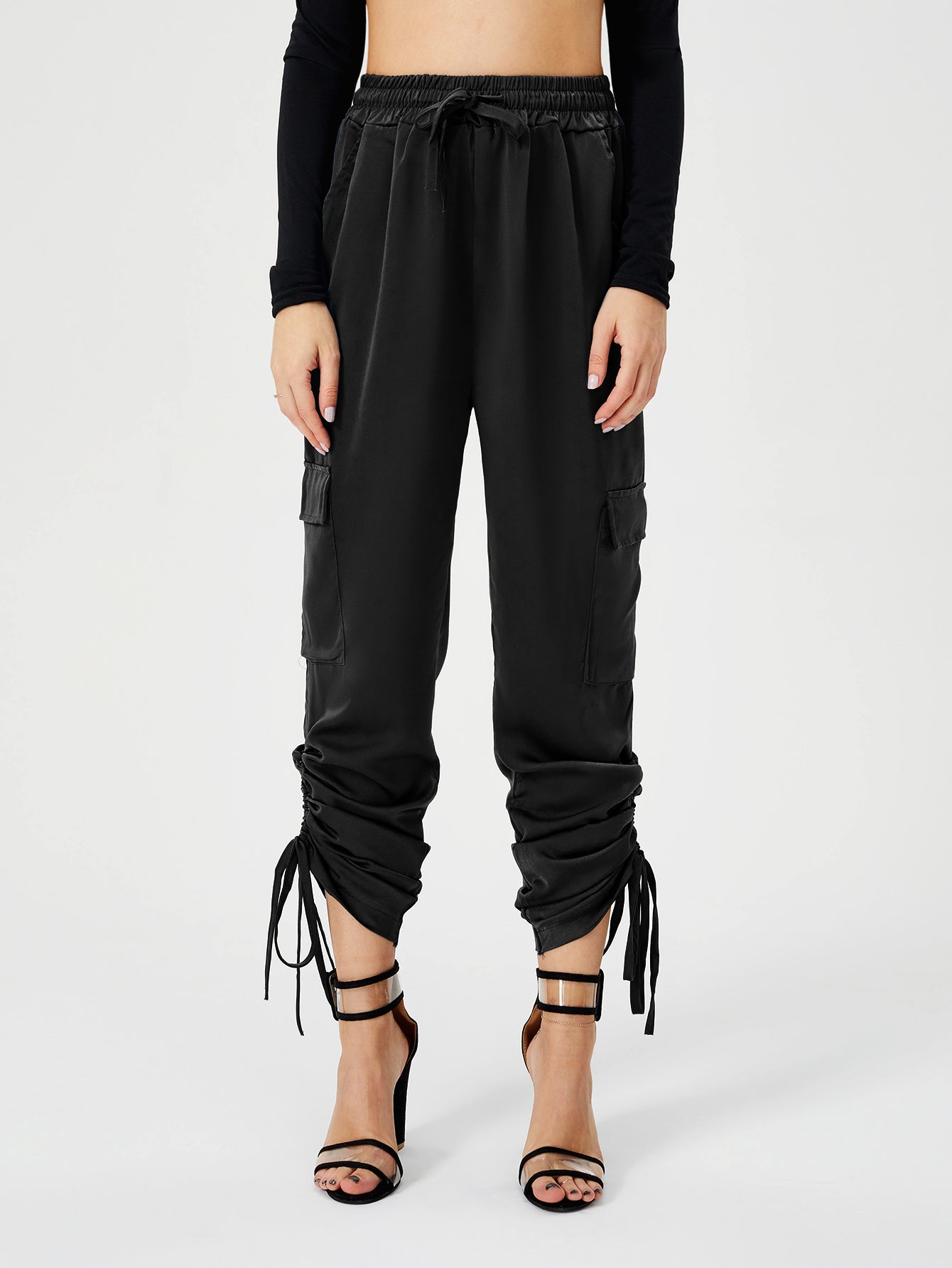ខោ Satin Jogger Pants របស់ស្ត្រី ខោខោវែង ចង្កេះខ្ពស់ ធម្មតា ជាមួយនឹងហោប៉ៅ