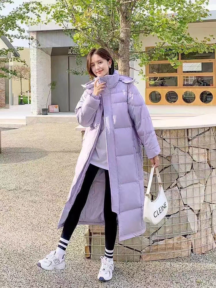 เสื้อโค้ทขนเป็ดสีขาวหนาแบบยาวเหนือเข่าสำหรับผู้ชายและผู้หญิง