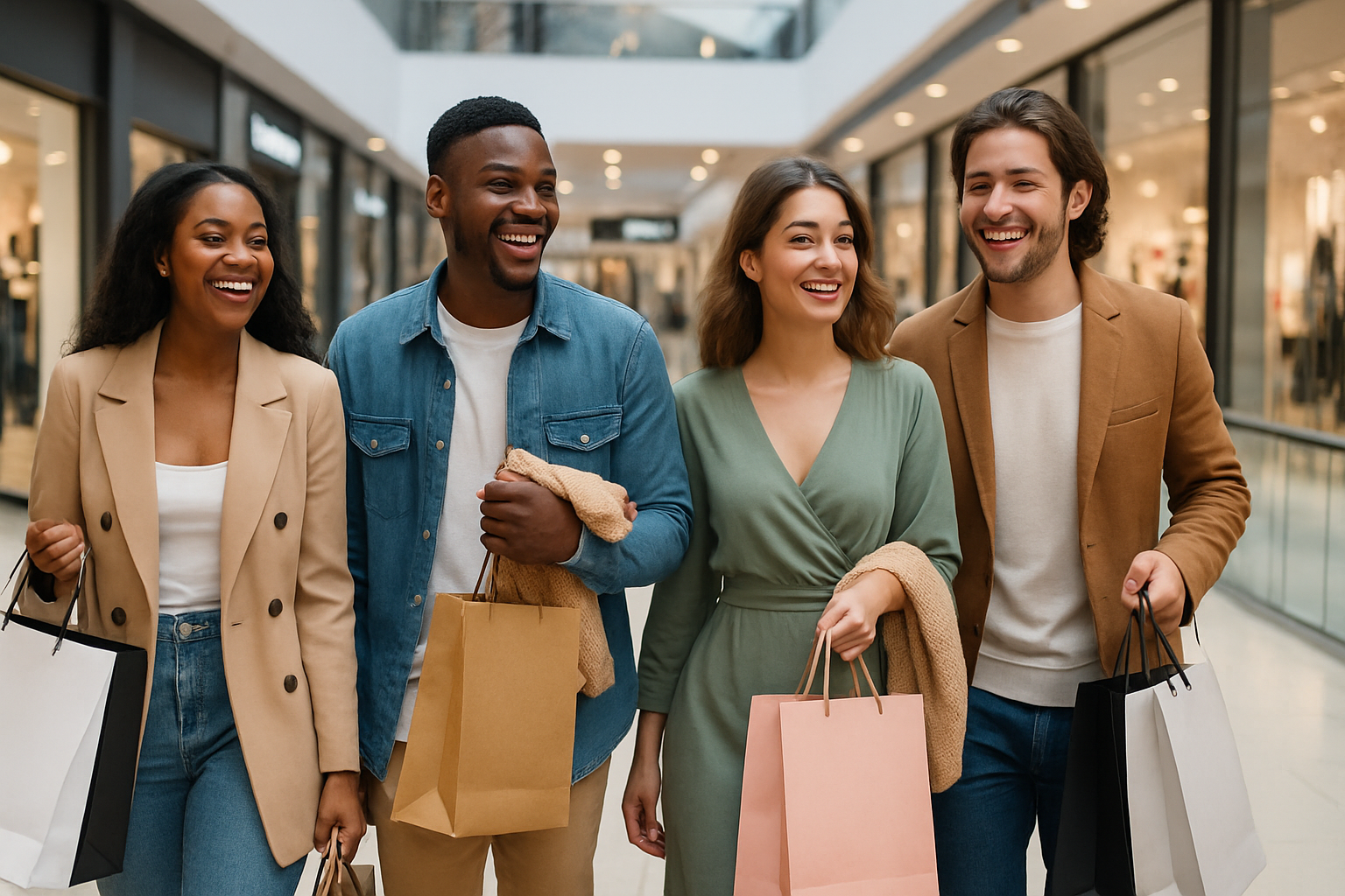 Shopify. Dropshipping image banner about fashion for men and women. walking happily in the shopping mall with buying items in hand. real image no cartoon.